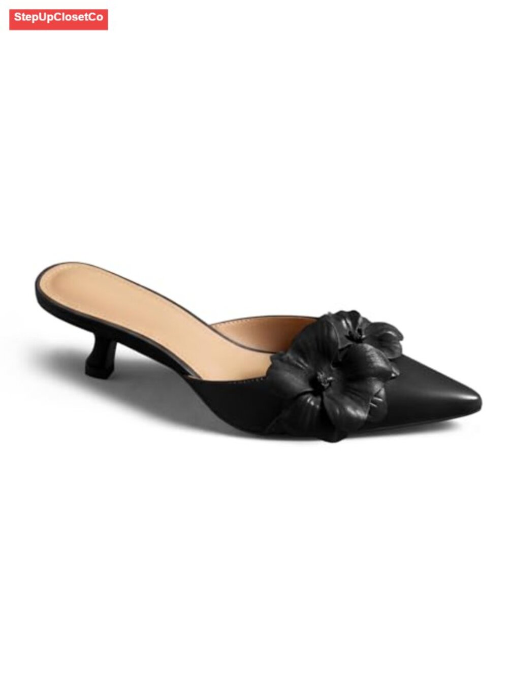Kitten Heel Mules Closed Pointed Toe Floral Slip On Dressy Party Shoes Faux